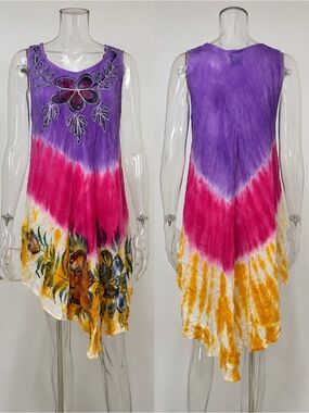 Seven Islands New York Boho Tie‎ Dye Rayon Embroidered Sleeveless Dress One Size
